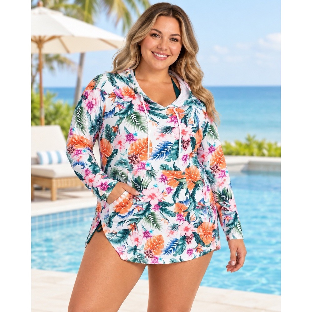Jantzen Size XL Hooded Swimsuit Tunic Cover-Up Floral Tropical UPF 50 NWT Pocket